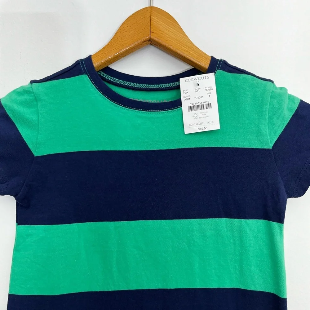 NWT Crewcuts Girls Size 4 Striped Soft Cotton Dress Green Navy Short Sleeve New